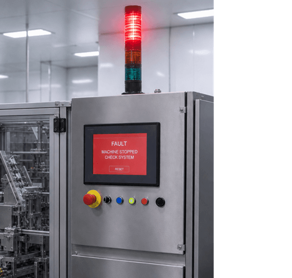 Pharmazeutische Produktionslinie mit Störungsmeldung an der Maschine